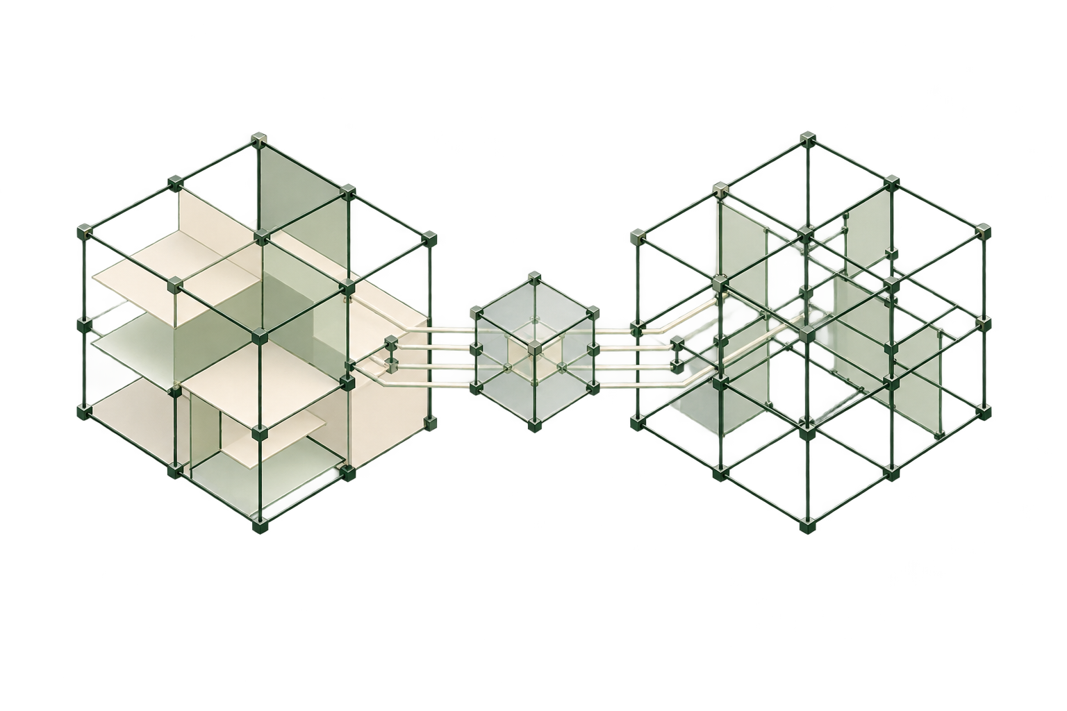 Two balanced geometric systems connect through a shared central structure