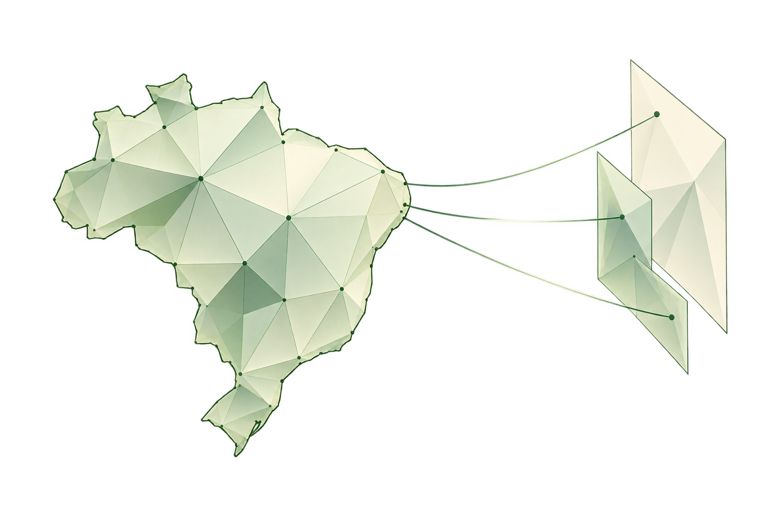 A faceted Brazil silhouette connects outward toward a research horizon
